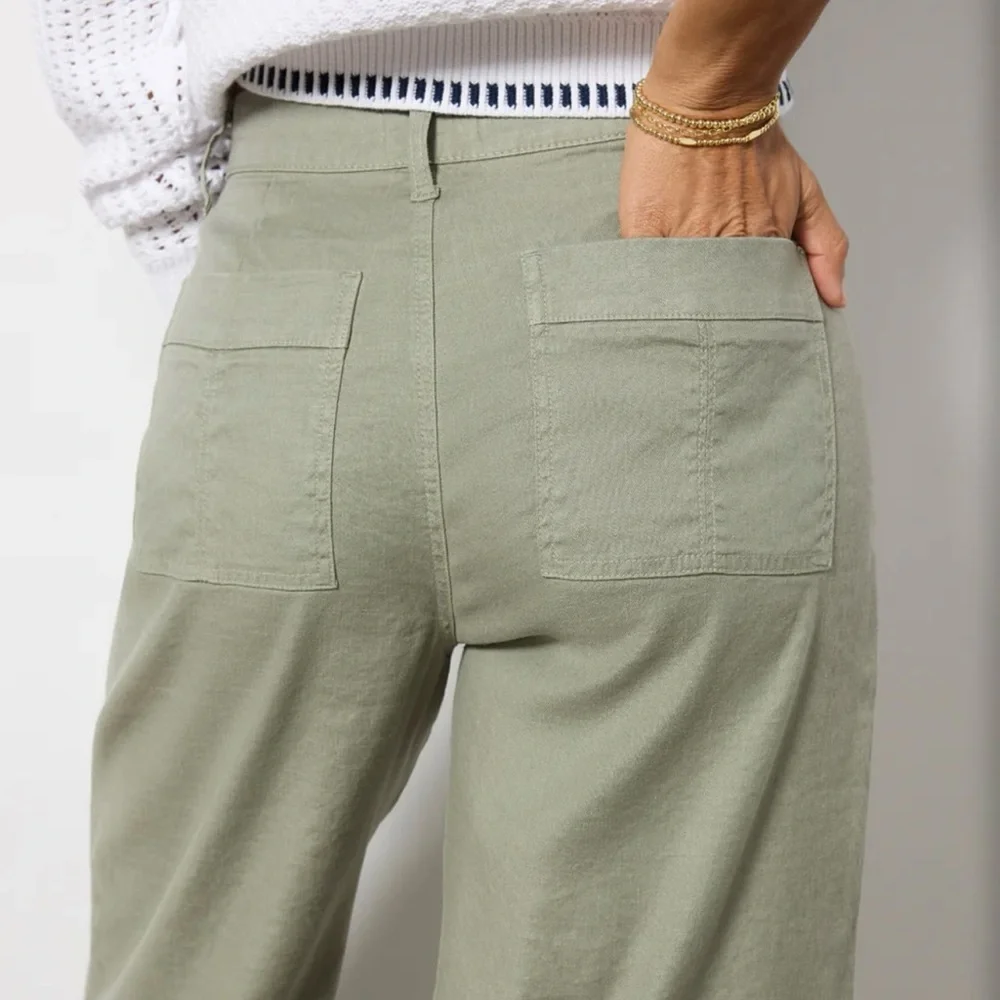 Evereve Joelle Stretch Linen Olive Wide-Leg Crop Pants - Picture 3 of 15